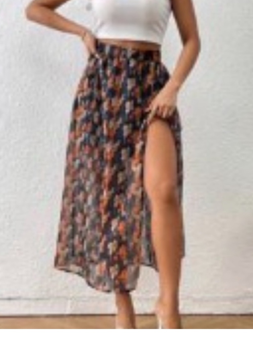High-Slit Floral Midi Skirt in Black Multi